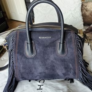 Givenchy Antigona Fringe Small Satchel Navy Suede